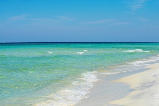Nuvole con cielo blu sulla spiaggia del mare calmo nell'isola tropicale delle Maldive bellissima spiaggia con palme...