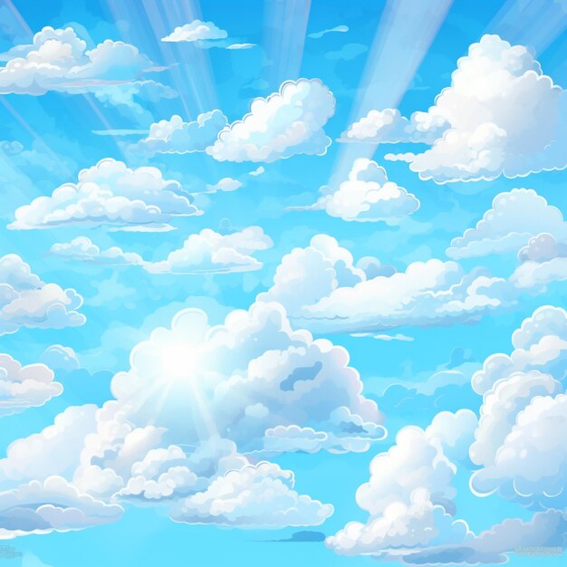 Nuvole di cartoni animati nel cielo con raggi di sole e cielo blu generativo ai
