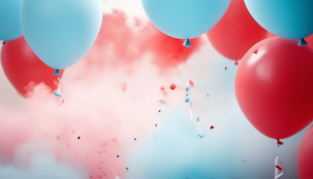 nuvole di fumo blu e rosso pastello palloncini festivi e confetti generati dall'IA