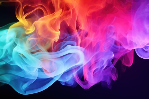 Nuvole di fumo colorate in luce al neon che girano su uno sfondo scuro di una scena vuota