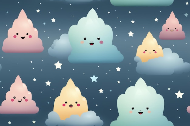 nuvole e stelle kawaii nel cielo notturno