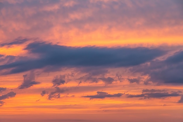 Nuvole lanuginose drammatiche di tramonto dell'oro arancione al paesaggio della natura del cielo rosa della sera