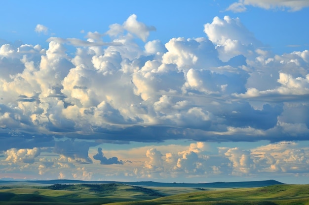 Nuvole ondulate che galleggiano pigramente su un cielo pastello che getta ombre calmanti sulle colline ondulate