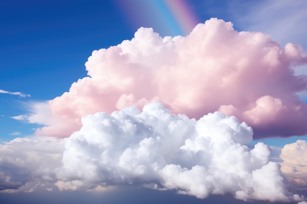 Nuvole rosa e bianche nel cielo con un arcobaleno Sfondo per una cartolina