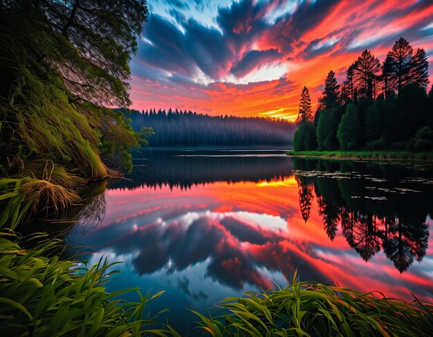Nuvole rosse tramonto paesaggio naturale magico foresta albero lago acqua carta da parati fotografia di sfondo