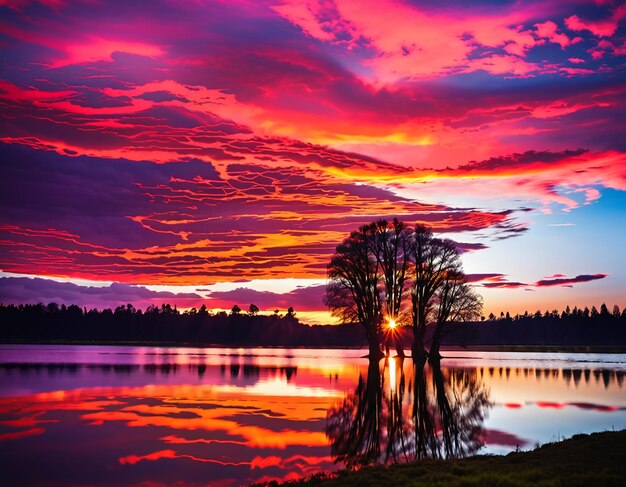 Nuvole rosse tramonto paesaggio naturale magico foresta albero lago acqua carta da parati fotografia di sfondo