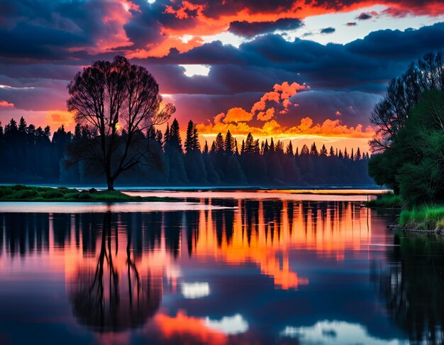 Nuvole rosse tramonto paesaggio naturale magico foresta albero lago acqua carta da parati fotografia di sfondo