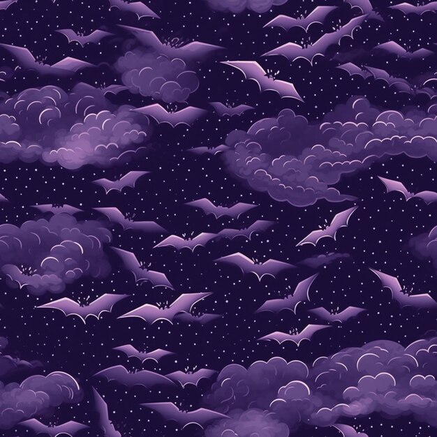 Nuvole viola e pipistrelli nel cielo notturno con stelle generative ai