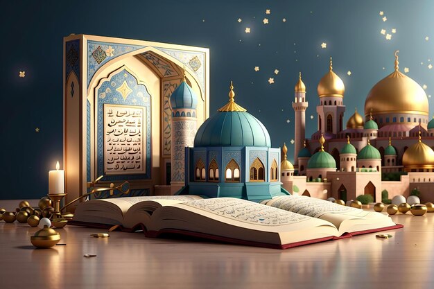 o Corano e moschea celebrazione islamica eid al adha o hajj illustrazione 3D rendering 3D