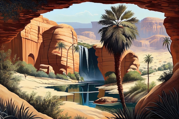 Oasi con cascata circondata da un paesaggio desertico creato con l'IA generativa