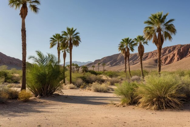 Oasi desertica con palme e scogliere