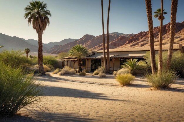 Oasi desertica con palme e scogliere