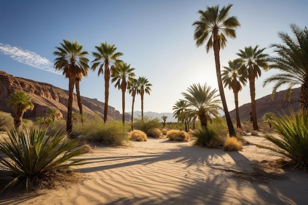 Oasi desertica con palme e scogliere