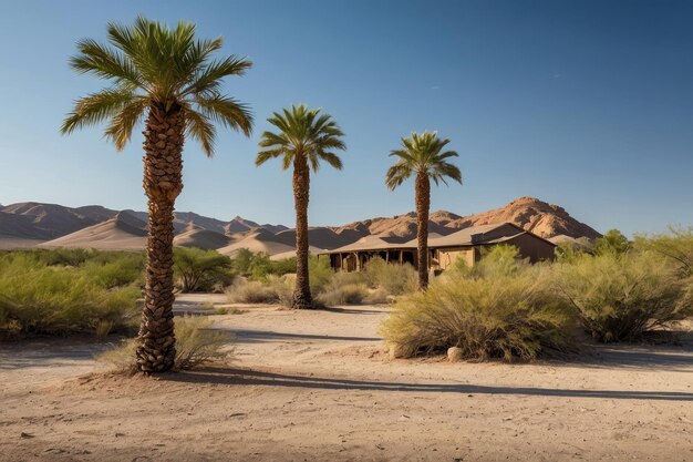 Oasi desertica con palme e scogliere