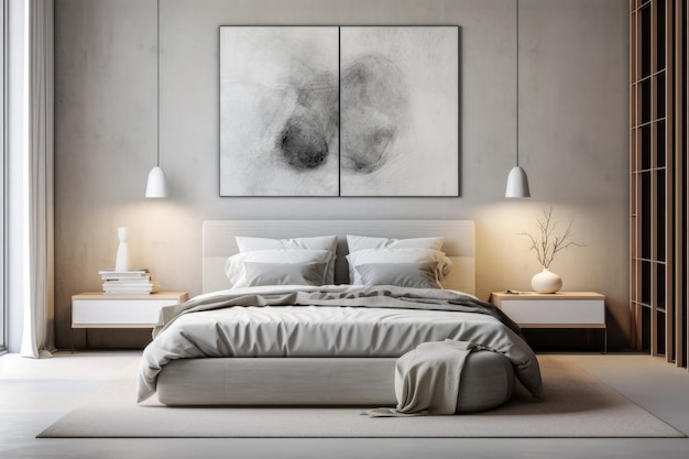 Oasi di camera da letto tranquilla e chic con design minimalista moderno