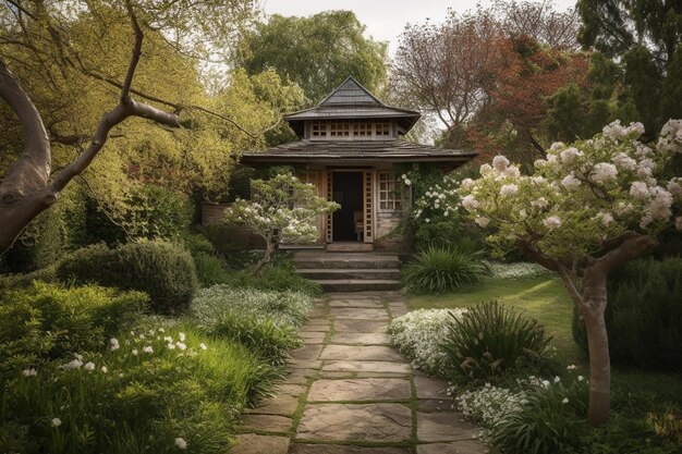 Oasi di giardino tranquillo con alberi in fiore