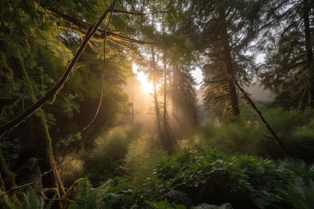 Oasi forestale all'alba con il sole che sorge sopra le cime degli alberi