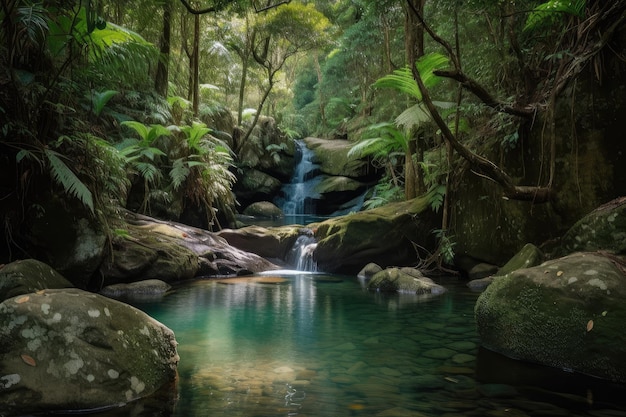 Oasi forestale con cascata che si riversa in una piscina di acqua cristallina