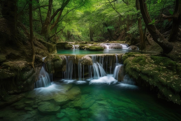 Oasi forestale con ruscello cristallino e cascate