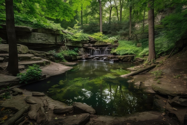 Oasi forestale con tranquillo laghetto e cascata circondati dal verde