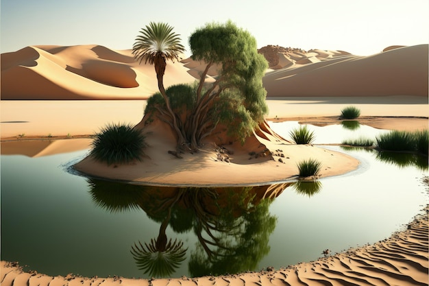 Oasi in mezzo al deserto con lago e palme AI