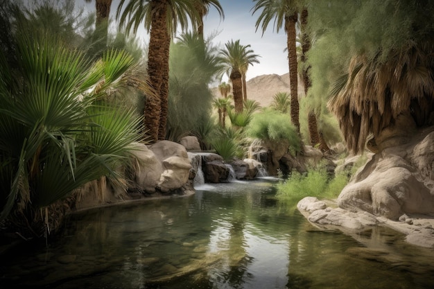Oasi nel deserto con cascate e vegetazione sullo sfondo creata con l'IA generativa