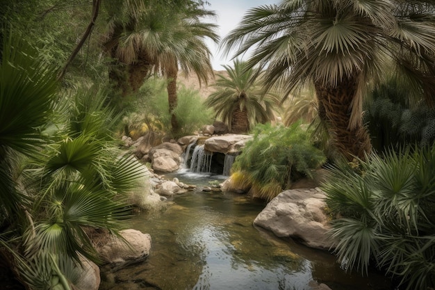 Oasi nel deserto con ruscello impetuoso e cascata circondata da una vegetazione lussureggiante