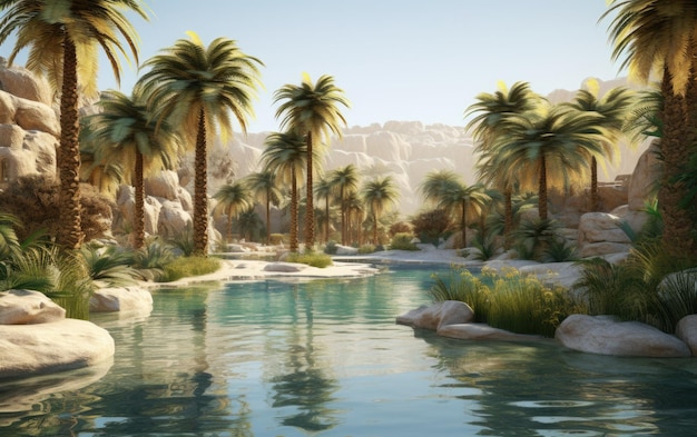 Oasi paradisiaca nel deserto con palme e piscine chiare AI generativa