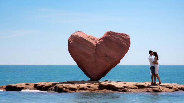 Oasi romantica Coppie su una roccia a forma di cuore in mezzo al mare Un simbolo di amore eterno