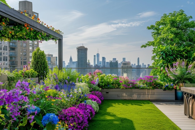 Oasi urbana Una colorata schiera di fiori primaverili su un giardino sul tetto di una città con vista sull'orizzonte