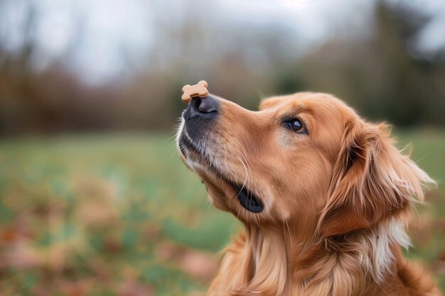 Obbediente golden retriever che si equilibra sul naso all'aperto