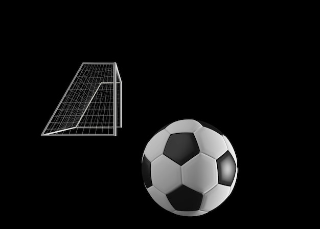 Obiettivo di calcio e pallone da calcio isolato su sfondo nero rendering 3d