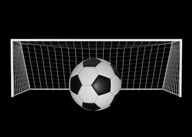 Obiettivo di calcio e pallone da calcio isolato su sfondo nero rendering 3d
