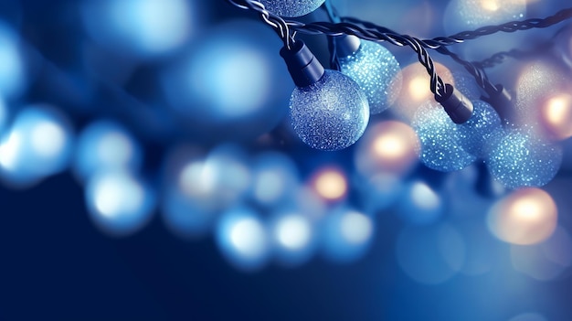 Occasione concetto di illuminazione e abbellimento ghirlanda natalizia luci bokeh su fondotinta blu senza speranza AI Generato
