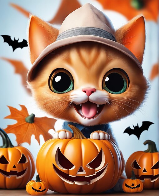 Occhi sporgenti del gatto bianco 3d che sorridono bello Halloween