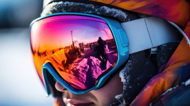 Occhiali da snowboarder paesaggio nevoso colori vivaci