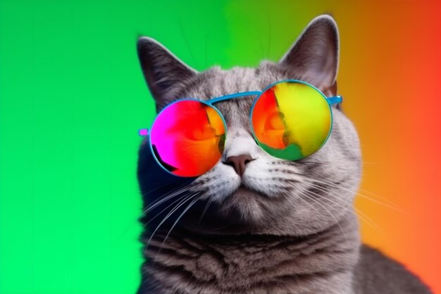 Occhiali da sole animale da compagnia ritratto colorato divertente carino neon moda gatto Generativo AI