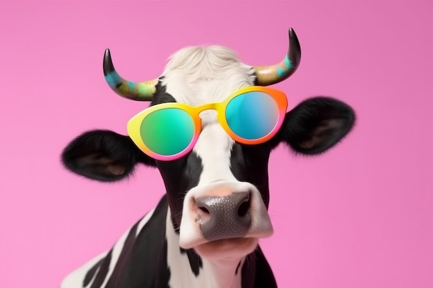 Occhiali da sole animali colorati carino divertente ritratto mucca personaggio faccia testa Generativa AI