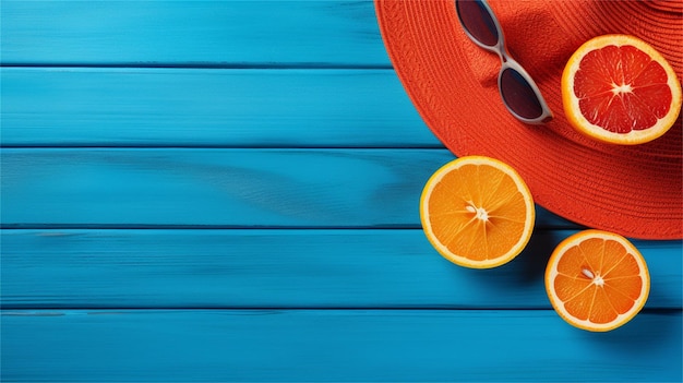 Occhiali da sole con cappello di paglia e arance su uno sfondo di legno blu