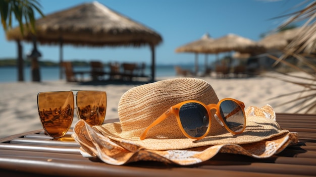 Occhiali da sole con cappello di paglia e asciugamano sul tavolo in sabbia marrone chiaro e mare marrone chiaro