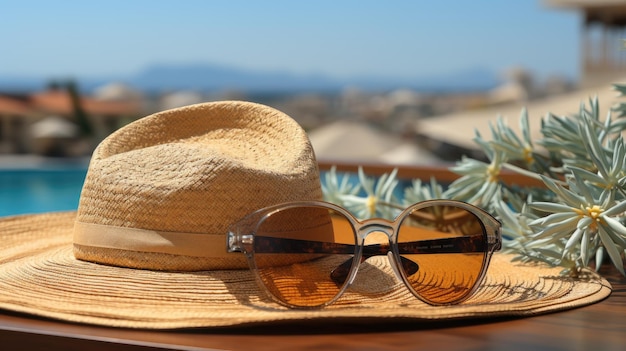 Occhiali da sole con cappello di paglia e asciugamano sul tavolo in sabbia marrone chiaro e mare marrone chiaro