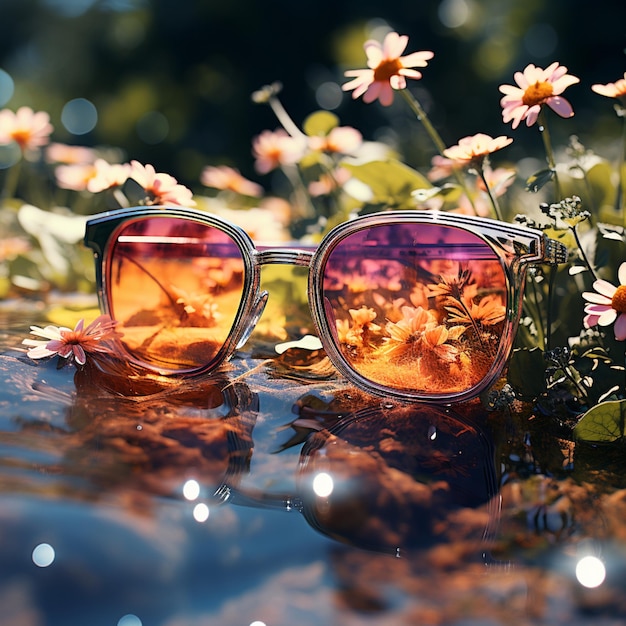 occhiali da sole con fiori riflessi in loro su una superficie di acqua generativa ai