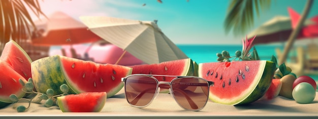 Occhiali da sole con Freshy Fruits Background Summer Festive Time Concept Generativo Ai