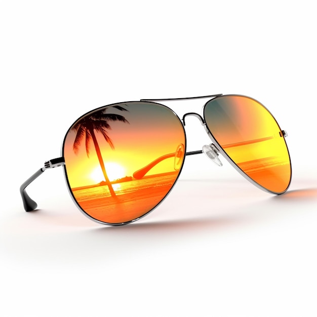 occhiali da sole con il riflesso di un tramonto e palme ai generatrici