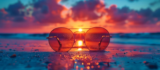 occhiali da sole con un tramonto sullo sfondo