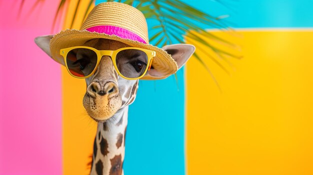 Occhiali da sole di giraffa e cappello estivo in studio con uno sfondo colorato e luminoso Generative Ai