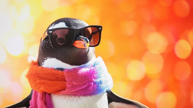 occhiali da sole di pinguino e sciarpa in studio con uno sfondo colorato e luminoso Generative Ai