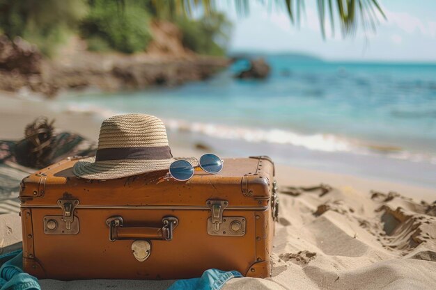 occhiali da sole e cappello d'estate posati su una valigia su una spiaggia sabbiosa