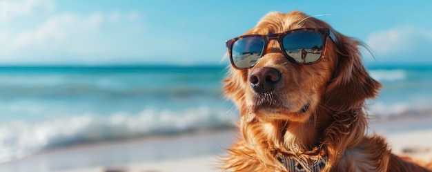 Occhiali da sole estivi su un golden retriever sulla spiaggia