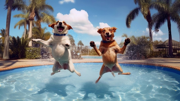 Occhiali da sole Happy Cute Two Dogs Jump Moment On Pool Generative AI